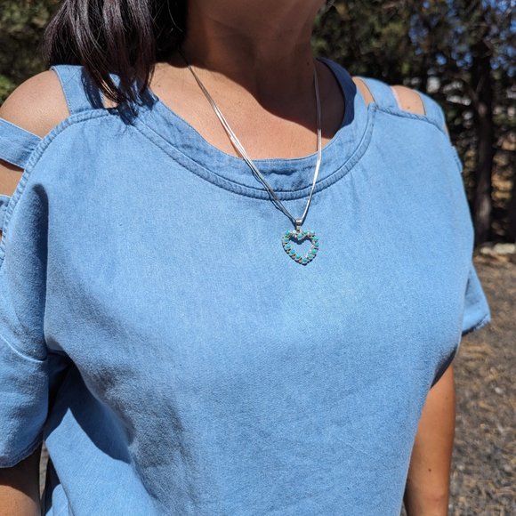 Navajo Kingman Turquoise Heart Pendant Liquid‎ Sterling Silver Chain Necklace*** - Picture 6 of 11